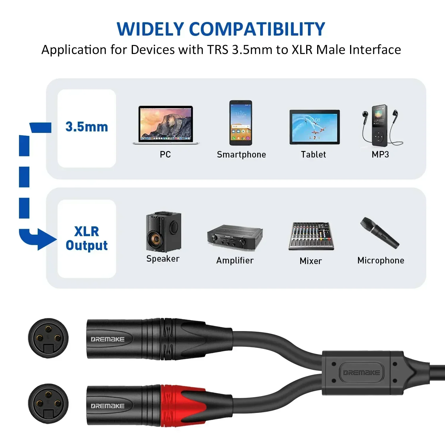 DREMAKE Jack 3.5mm TRS Stereo to Double XLR Male Patch Cord 3.5mm 1/8 Inch to Dual XLR Male Adapter Breakout Y Splitter Cable-3