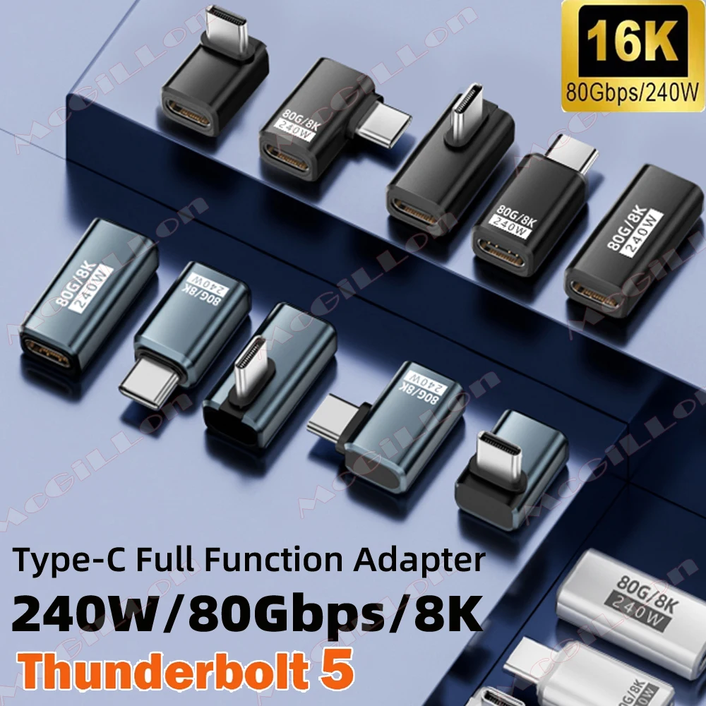 USB4 V2 90 Degree Type C Angle Adapter 80Gbps Thunderbolt 5 4 3 Elbow Adapter 240W USB-C Cable Connector 40Gbps for MacBook Air