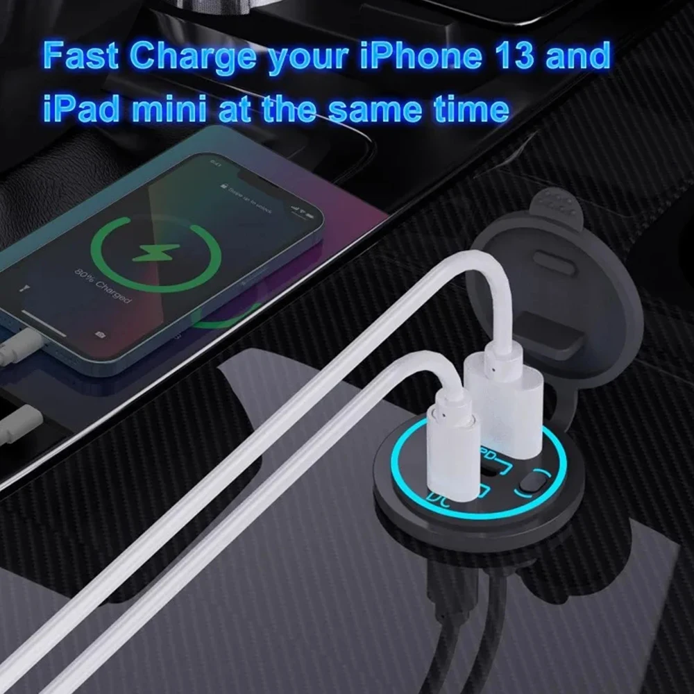 Car Charger Socket PD3.0 & QC3.0 Double USB C Ports Waterproof with LED Touch Switch 78W Fast Charging 12V/24V For Moto Adapter-6