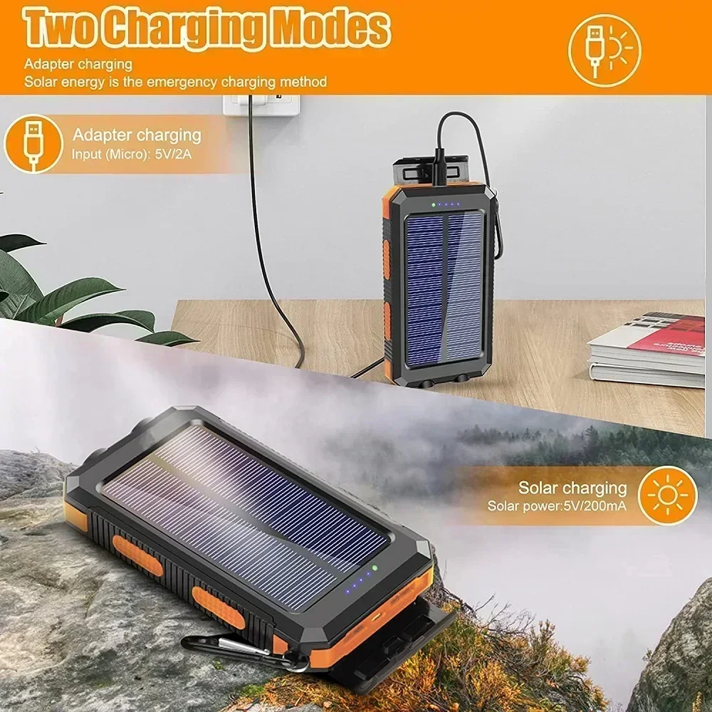 Solar Power Bank Waterproof Large Capacity Powerbank Fast Charging External Battery with SOS for IPhone Samsung Xiaomi-4