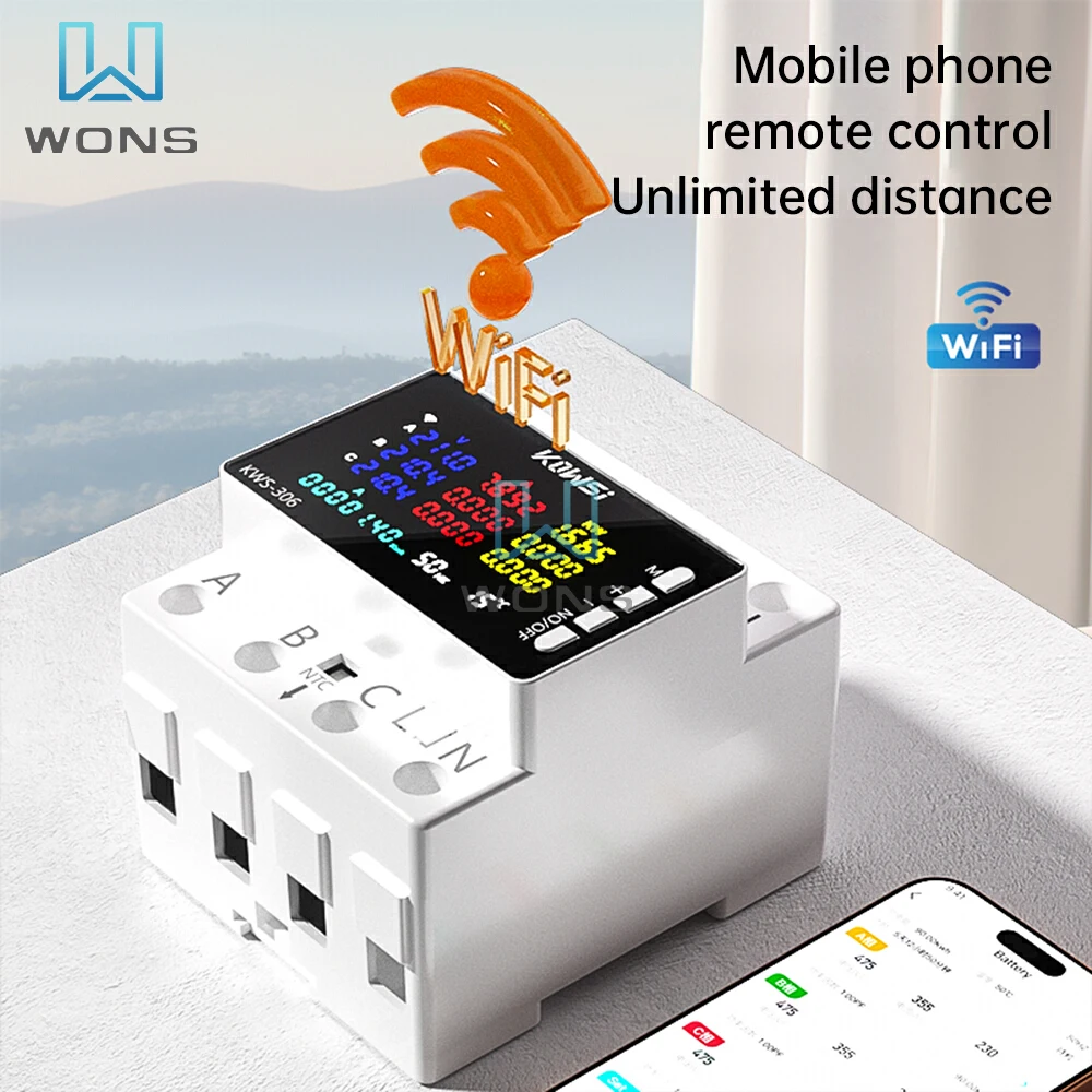 KWS-306 Tuya WIFI Power Meter Voltage Current  Energy Meter Three Phase Four Wire Rail Phone APP Remote Control AC 85-290V 80A-2
