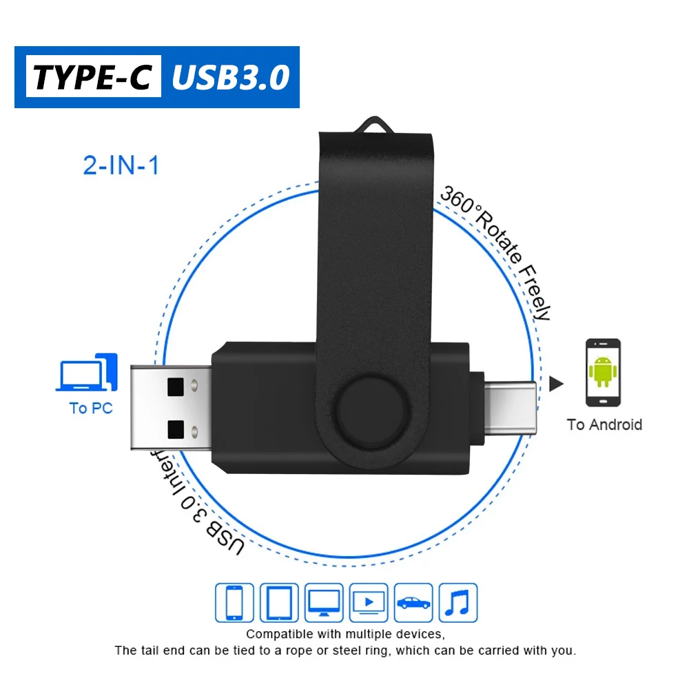 Type-C USB 3.0 High speed flash drive 2 IN 1 360° Rotate Freely Pen Drive 128GB/64GB/32GB/16GB Multi-format Compatible U Disk-3