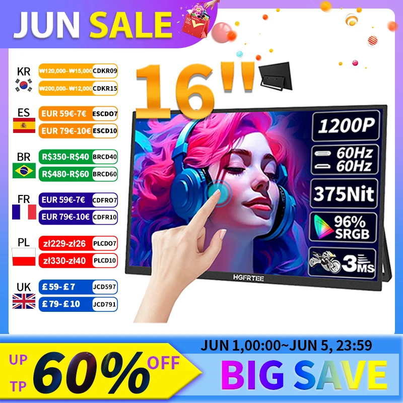 HGFRTEE 16inch Touch Portable Monitor 16:10 96%sRGB 350Cd/m² Second Screen For Laptop With Holder Stand Type-C HDMI-Compatible