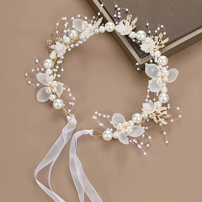 1pc Sweet Girl Pearl Hair Accessory Romantic Flower Wreath Children's Gift Girl Kawaii Jewelry Fashion Headband Hair Accessory-5