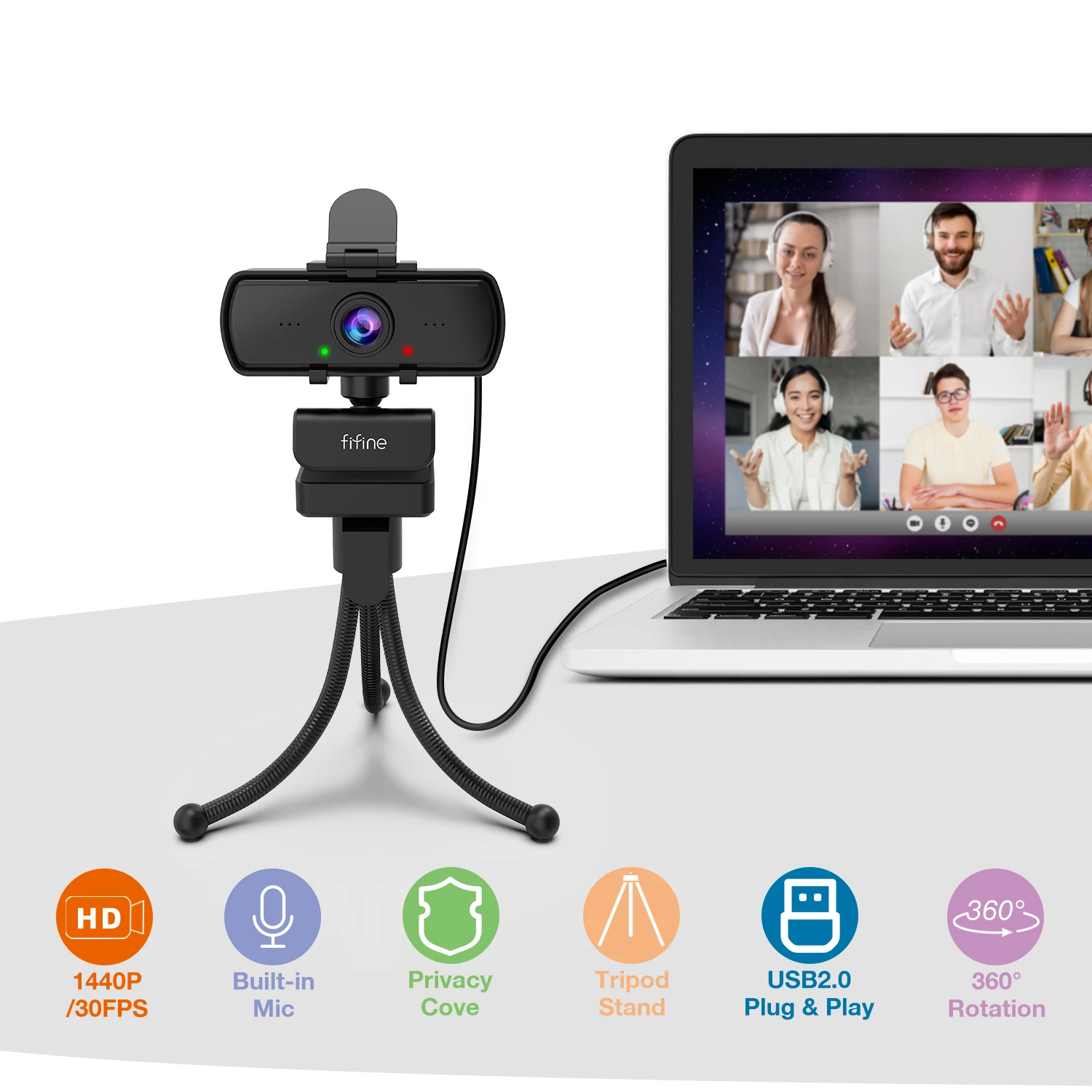 FIFINE 1440p Full HD PC Webcam with Microphone, tripod, for USB Desktop & Laptop,Live Streaming Webcam for Video Calling-K420-4