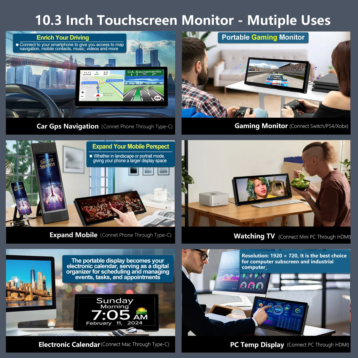 10.3 inch TouchScreen Monitor HDMI & Type C 1920x720 IPS Display LCD Bar Computer Temp Display Widescreen-4