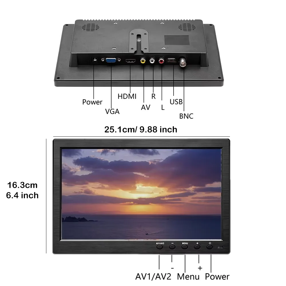 Podofo 10.1 Portable Monitor Mini TV Computer LCD HD Screen Video Input Security Car Monitor VGA HDMI AVI Pi System-3