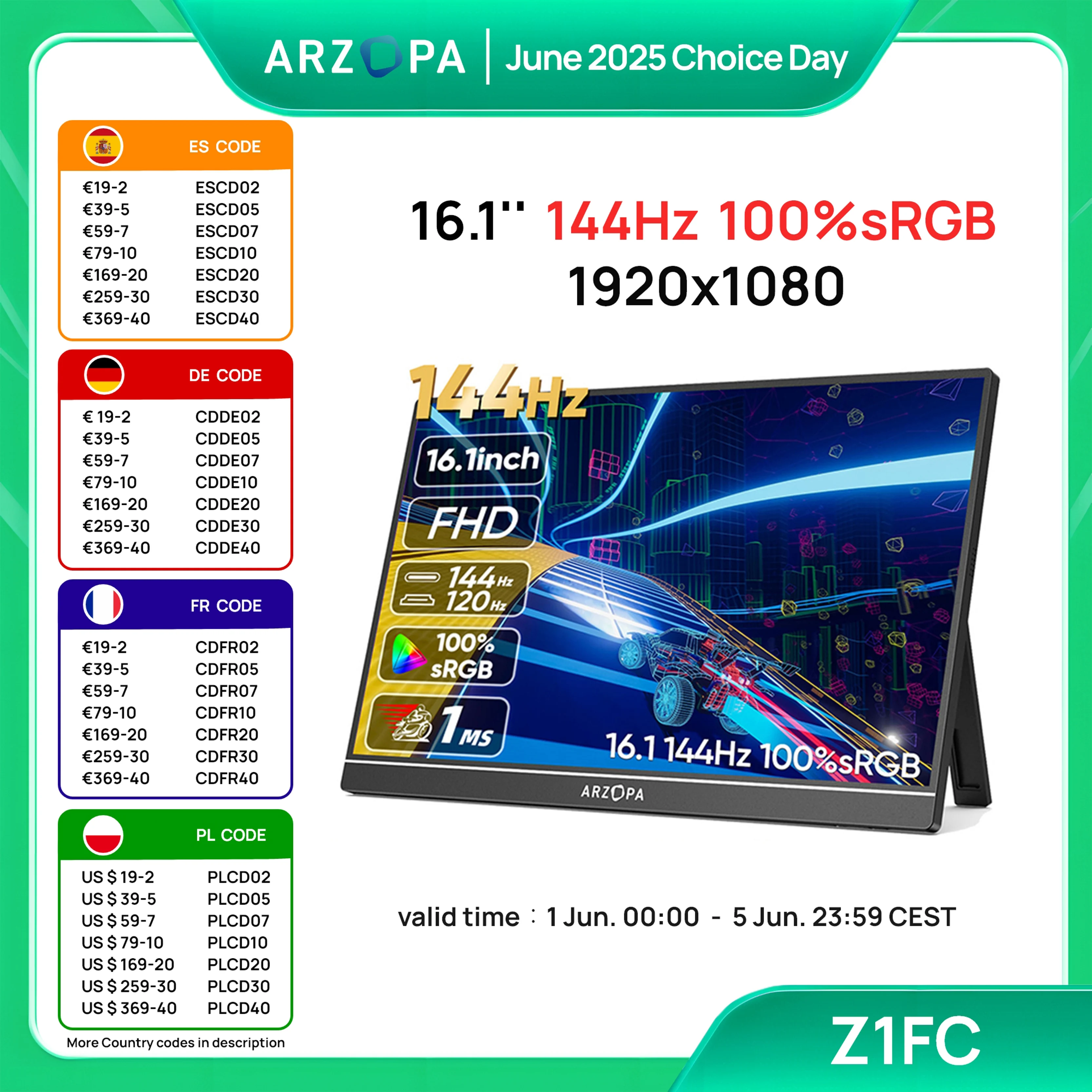 ARZOPA 16.1 inches Portable Monitor,144hz,100%sRGB,1080P FHD,IPS Screen, External Second Screen for Laptop/PC/PS5/Mac/Xbox Z1FC