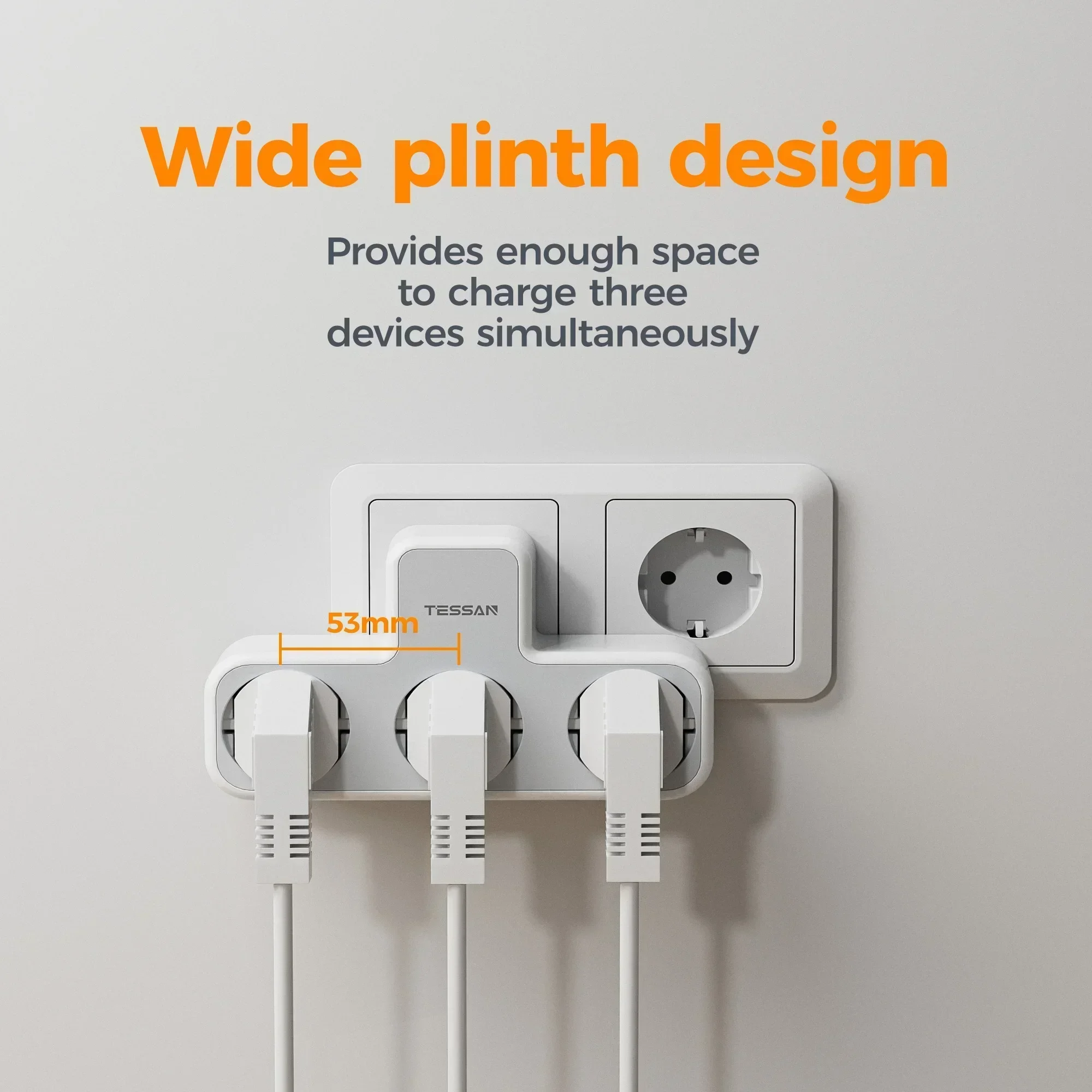 TESSAN Multiple Wall Socket with 3 AC Outlets Charging Ports EU Plug Wall Power Strip with Overload Protection 3fach Stecker Eu-5