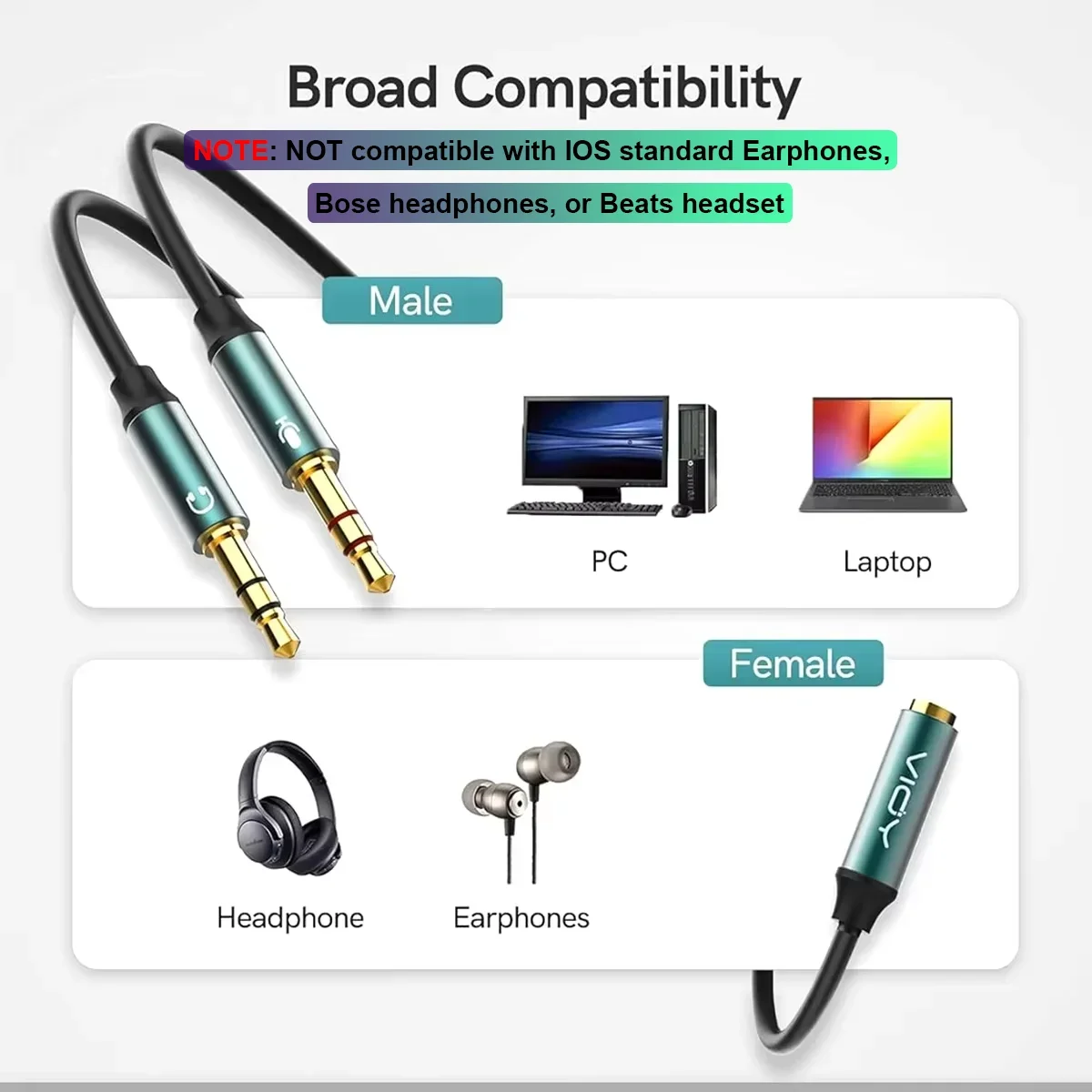 Headphone Splitter for Computer Jack 3.5mm Female TRRS To 2 Male TRS Audio Adapter Cables for Gaming Headset PC Phone Laptop Etc-3