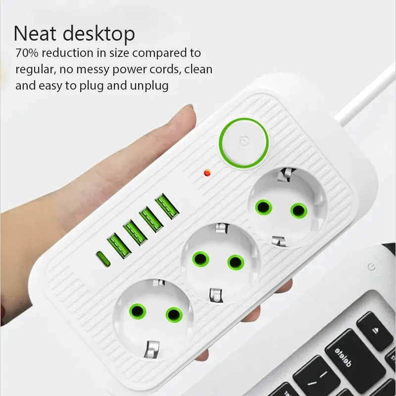 EU Plug Power Strip 2M Extension Cable Multiprise 3AC Outlets Electrical Socket with 4 USB 1 Type C Network Filter Fast Charging-6