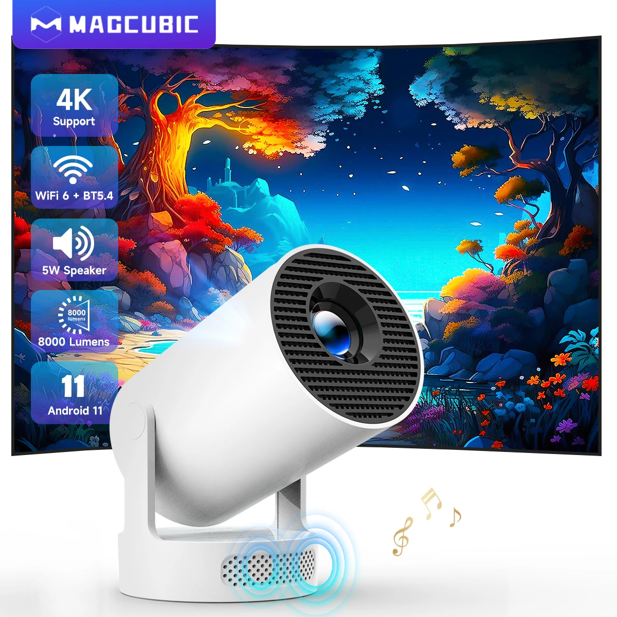 Magcubic HY300 Pro + Projector 4K 720P With 5W Speaker Android 11 8000 Lumens WiFi 6 BT5.4 Outdoor Video Home Theater Projector