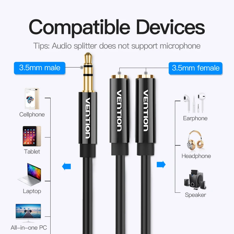 Vention Headphone Audio Adapter Jack 3.5mm 1 Male To 2 Female Earphone Y Splitter For Laptop Speaker PS5 AUX Cable Double Stereo-6