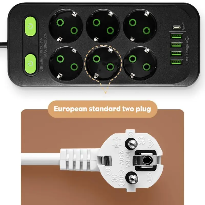 EU Plug Power Strip 6 AC Outlet Multitap Extension With 5 USB Ports 3m Cord Electrical Socket 2500W Fast Charge Surge Protector-4