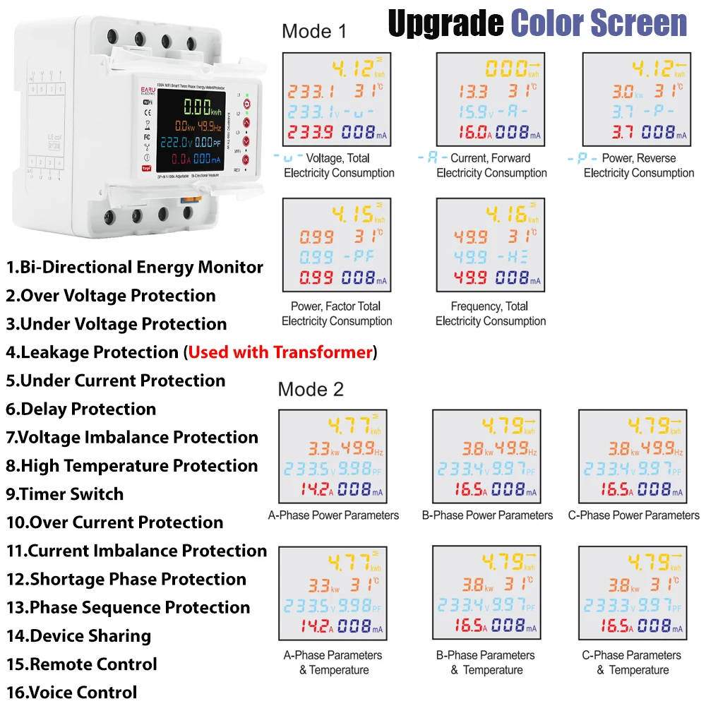 3 Phase Tuya WiFi Smart Bi-Directional Energy Power kWh Meter Leakage Over Under Voltage Protector Relay Switch Current Limit-4