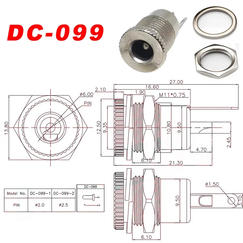 10Pairs DC Power Supply Jack Socket Female Panel Mount Connector 3-Pin 5.5x2.1mm 5.5mm*2.5mm Male DC Power Plug-6