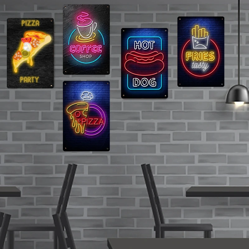Neon Food Metal Poster Signage Tin Painting Pizza Burger Advertising Plaque Restaurant Bar Club Shop Wall Art Decorative Panel-3