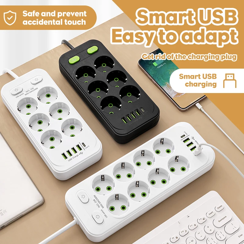 EU Plug AC Outlets Multitap Socket 2M Extension Cord Electrical Power Strip With USB Type C Fast Charging Network Filter Adapter-5