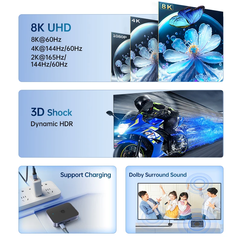 8K DisplayPort Switch 3 in 1 Out Bi-Direction DP 1.4 Splitter 8K@60Hz 4K@144Hz 48Gbps Display Port Converter Adapter Hub-6