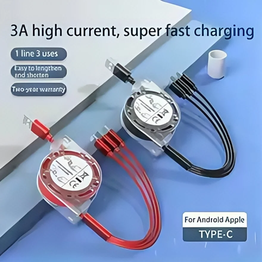 3-in-1 Telescopic USB Fast Charging Cable for iPhone 15/Samsung S23/Huawei, Type-C & Android Phone, 3A Nylon-Braided Durable Cha-3
