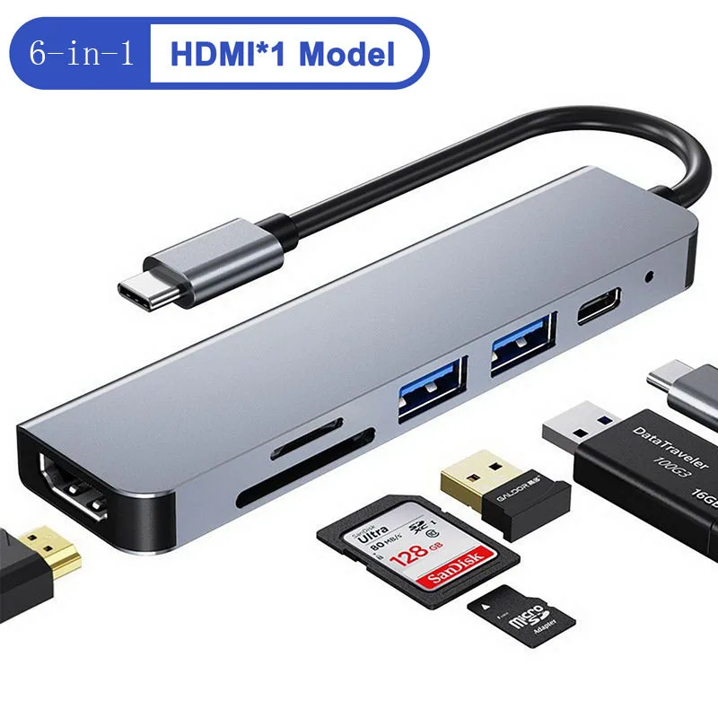 6 Ports USB C Hub to 4K HDMI-Compatible SD TF Card Reader USB 3.0 2.0 HUB Type C Charging Docking for MacBook iPad Samsung