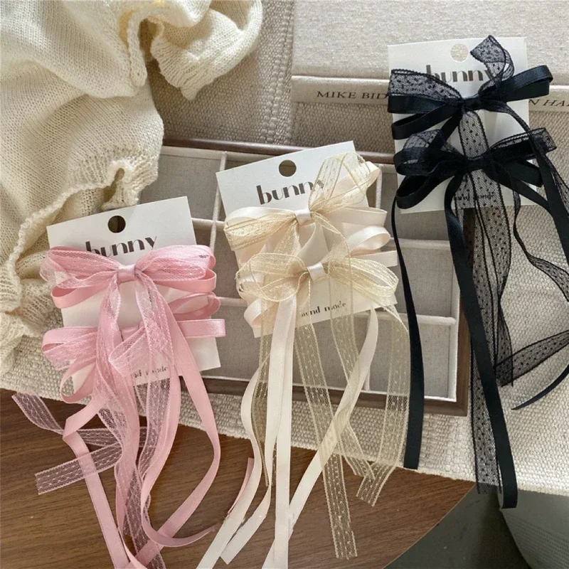 2pcs Korean Lace Bow Hair Clip Trend Long Ribbon Hairpins Barrettes Headband for Women Girl Hair Accessories Wedding Jewelry-4