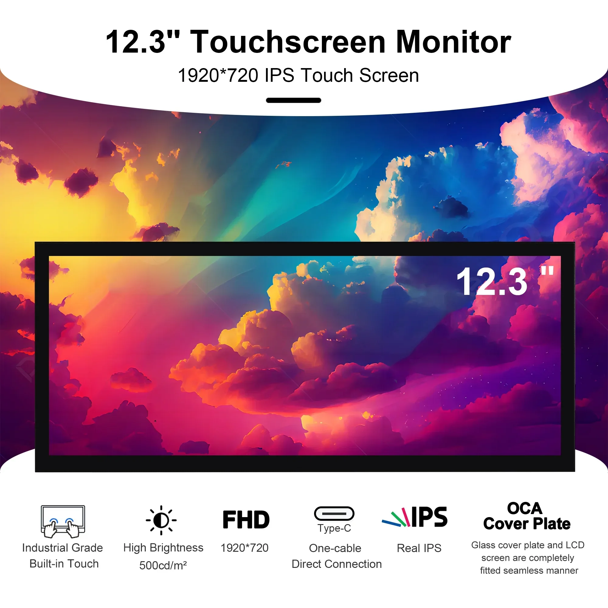 12.3 Inch Touch Screen Portable Monitor HDMI USB-C 1920x720 Stretched Bar LCD Mini Secondary Display for PC Laptop Raspberry Pi-2