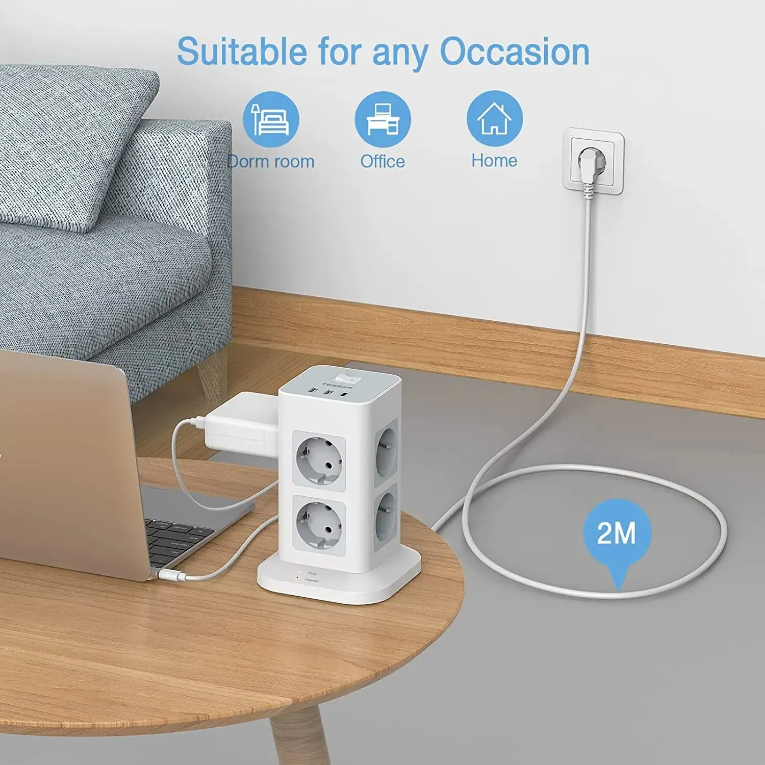 TESSAN Tower Power Strip Multi Outlets with 2 USB +1 Type C 2M Extension Cable EU Plug Vertical Electric Socket Surge Protection-5