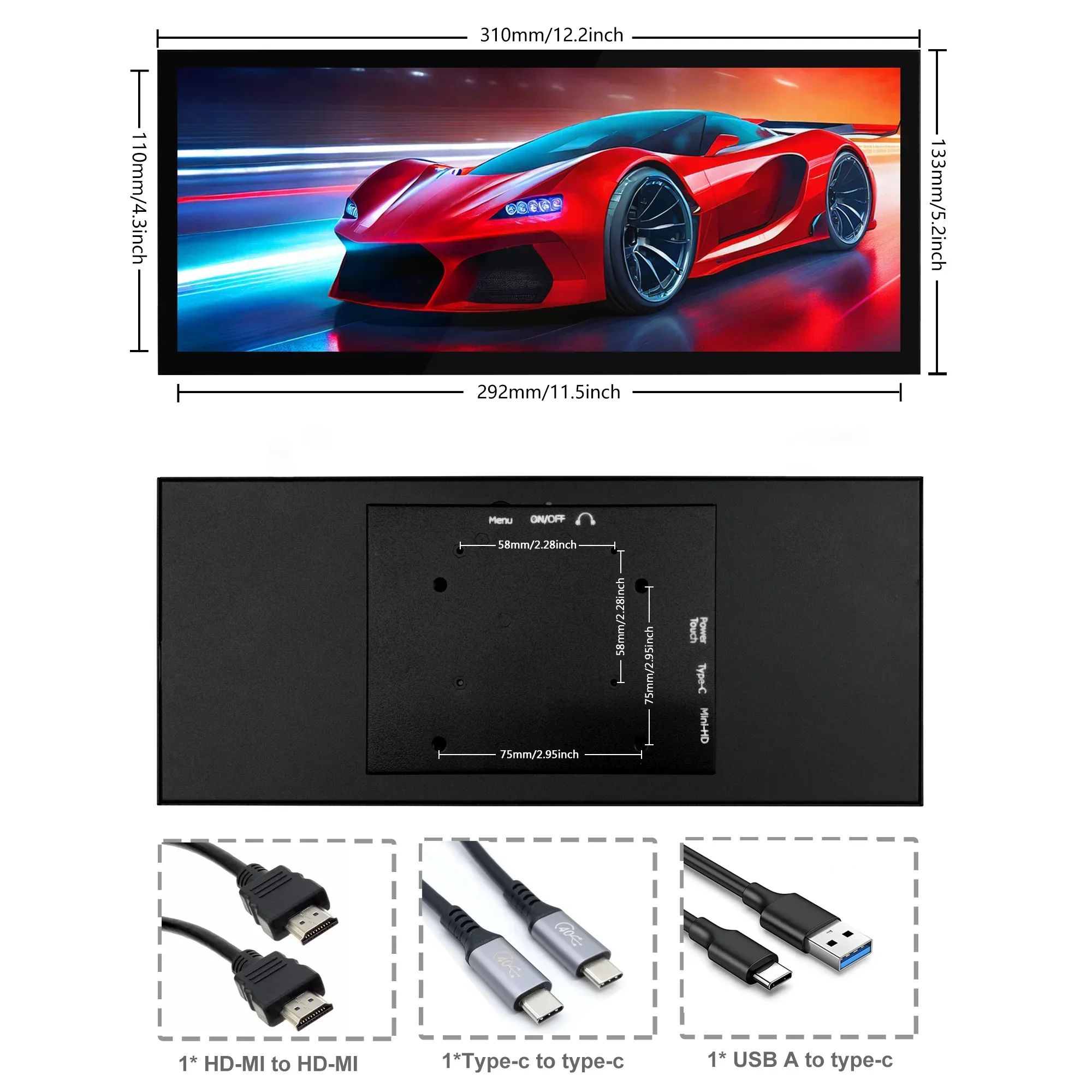 12.3 Inch Touch Screen Portable Monitor HDMI USB-C 1920x720 Stretched Bar LCD Mini Secondary Display for PC Laptop Raspberry Pi-6
