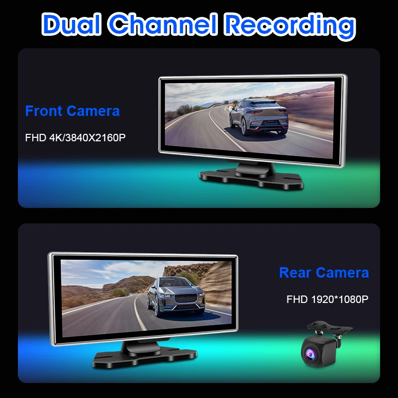 10/11.26 inch Dash Cam 4K Car DVR Wireless Carplay & Android Auto GPS Navigation Video Recorder Dashboard Dual Lens Wifi FM AUX-3