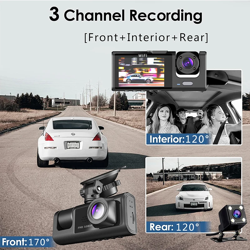 WiFi 3 Channel Mini Car DVR Three Way Dash Cam Inside Vehicle Camera DVRs Recorder FHD 1080P Video Dashcam Camcorder Black Box-3
