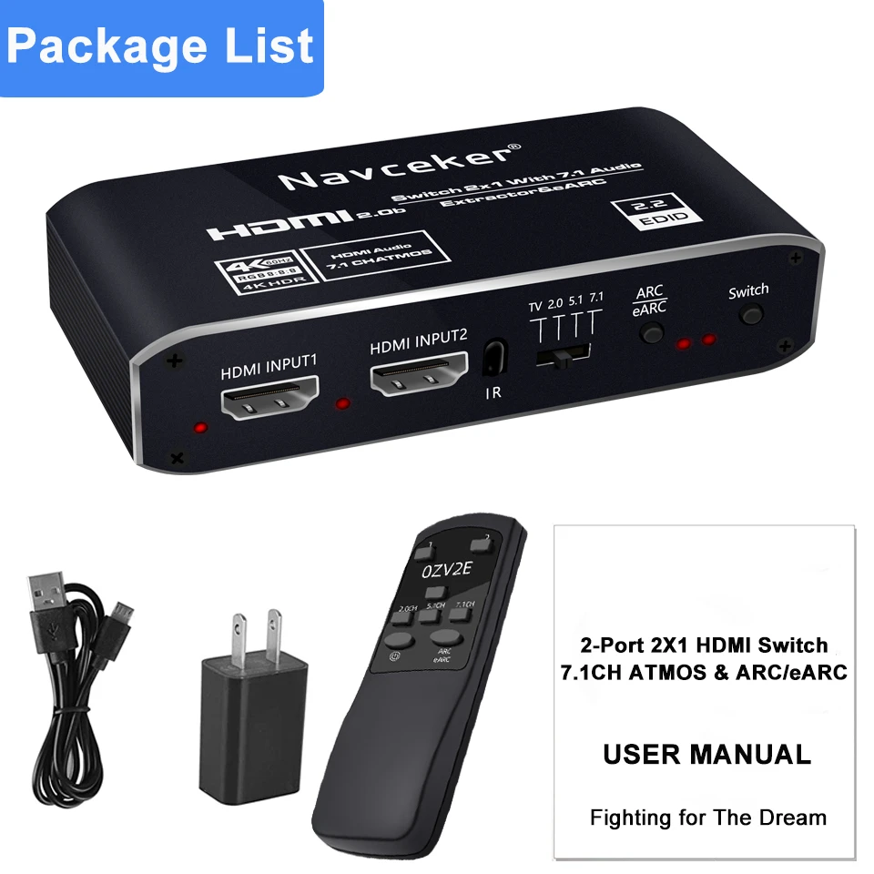 2x1 4K 120Hz HDMI Switch eARC Audio Extractor ARC Optical Toslink HDMI 2.0 Switch 4K 60Hz HDMI Switcher Remote for Apple TV PS4-6