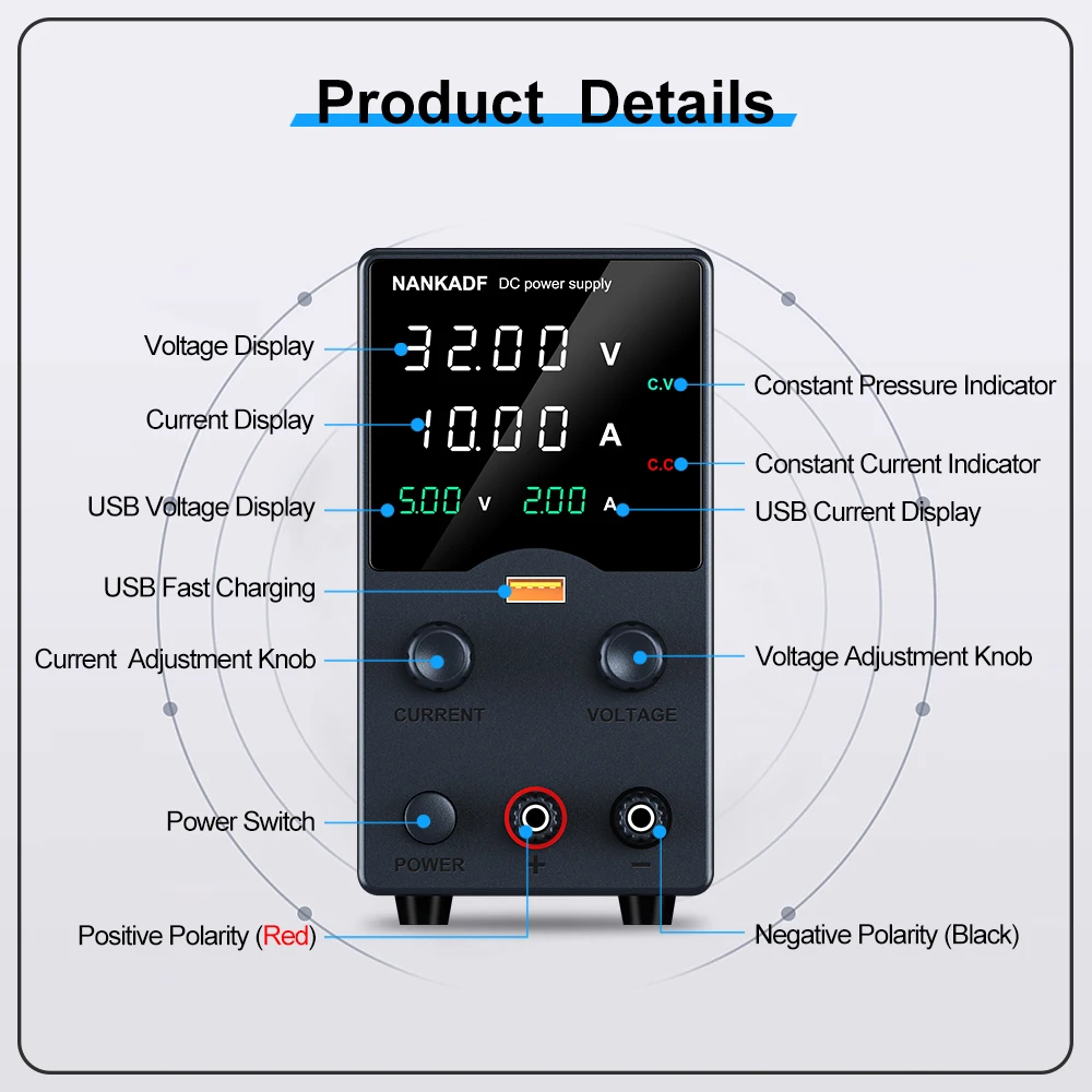 DC lab power supply 30V 10A adjustable power supply with 5V 2A USB charging display regulator, used for telephone maintenance-4