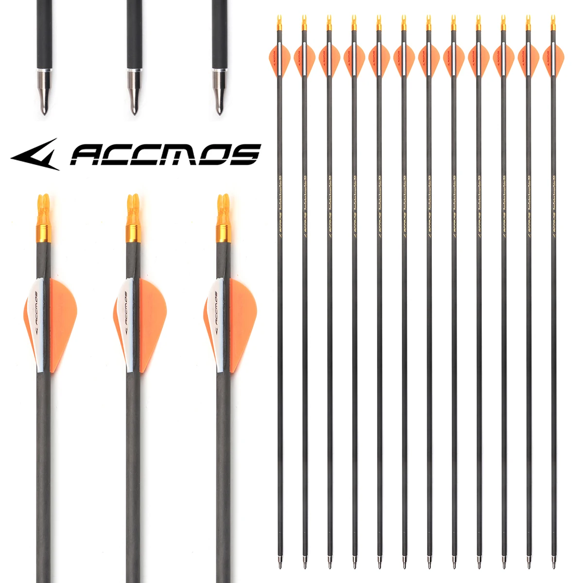 12pc Newest Spine 300 350 400 500 600 700 Pure Carbon Arrow 28 30inch ID 6.2mm Removable Arrowhead For Archery Compound /Recuvr-2