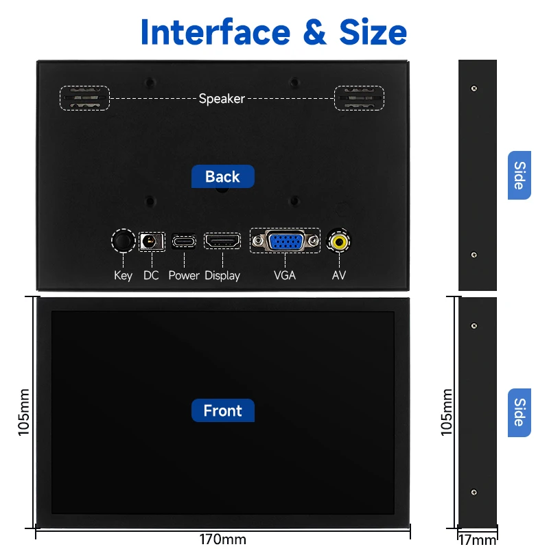 7 Inch Portable Monitor 1024x600 IPS LCD HDMI-compatible VGA AV Input DC Type C Power  Screen for PC Laptop Camera TV Box DVD-6