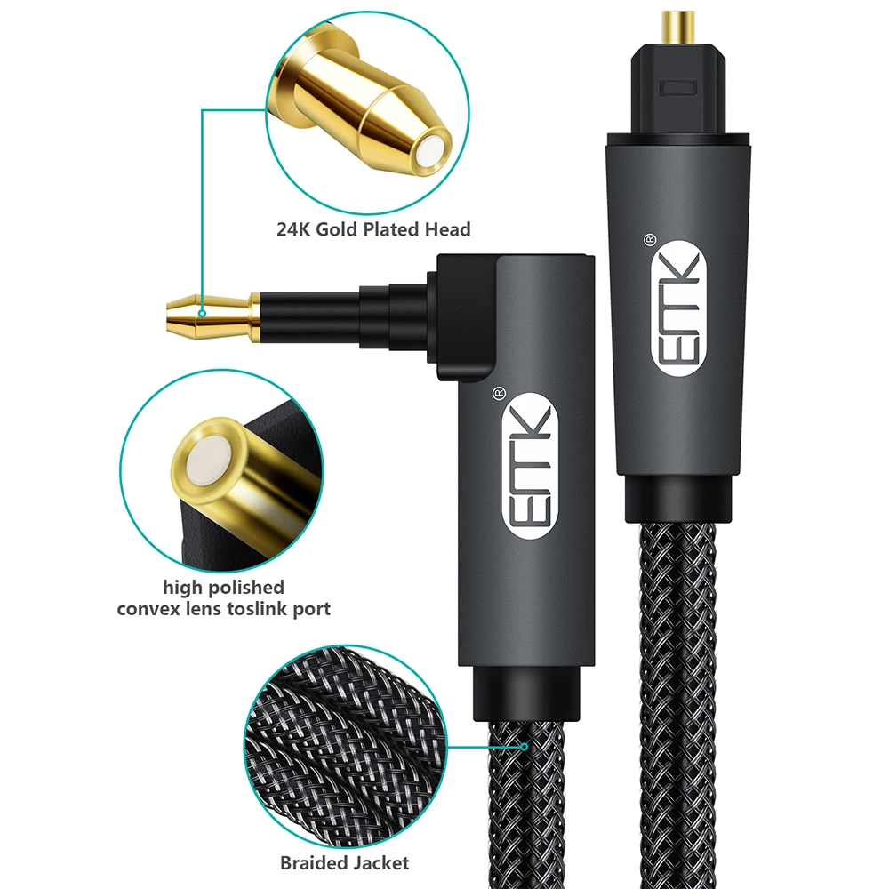 EMK 90 Degree Mini Toslink to Toslink Cable Right Angle Digital SPDIF Optic Fiber Cable 3.5 to Optical Audio Cable Adapter-5