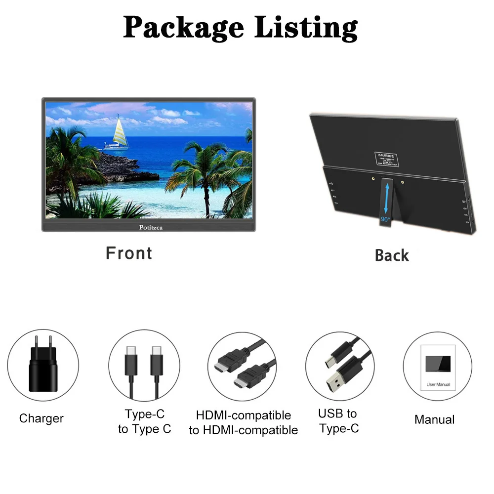 16/14 Inch Portable Monitor Touchscreen IPS Panel FULL HD LED Display  Type-C/ HDMI Compatible With Laptop/ Switch /Xbox/PS3/PS4-6