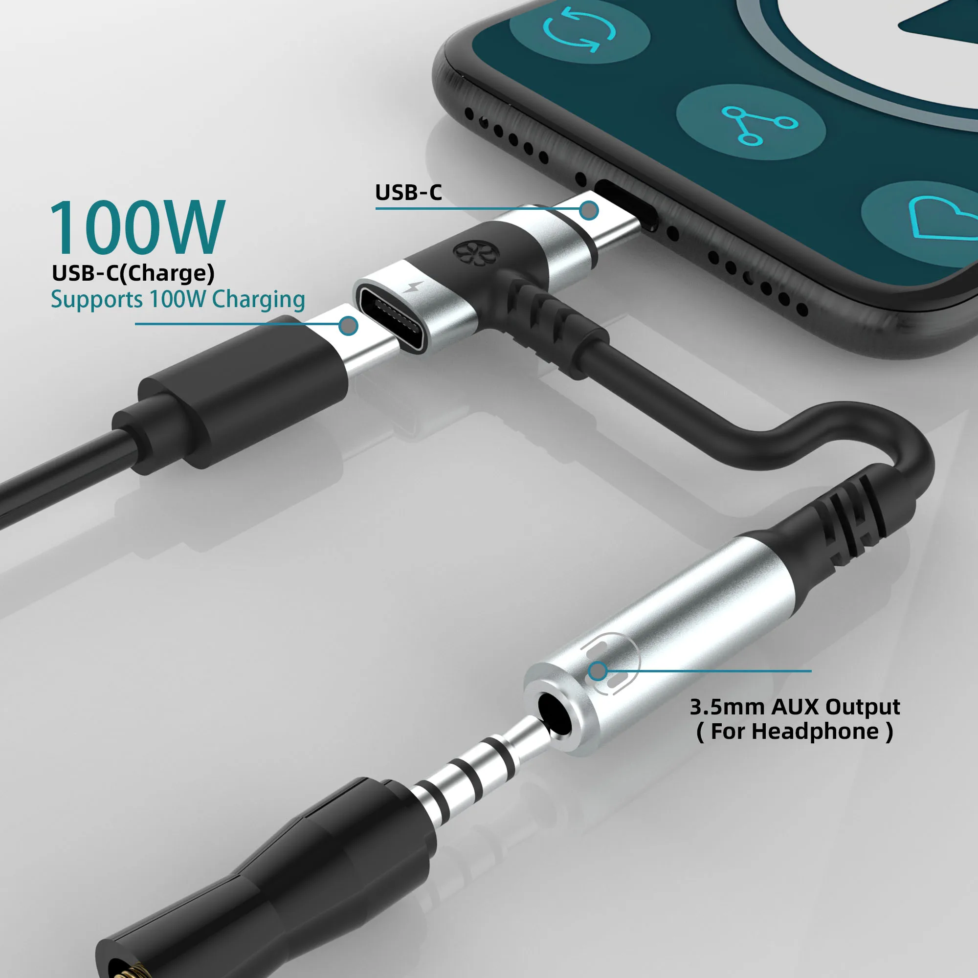 USB C to 3.5mm earphones and charger adapter 2-in-1 C-type to Aux microphone jack, with PD 100W fast charging encryption dongle.-4