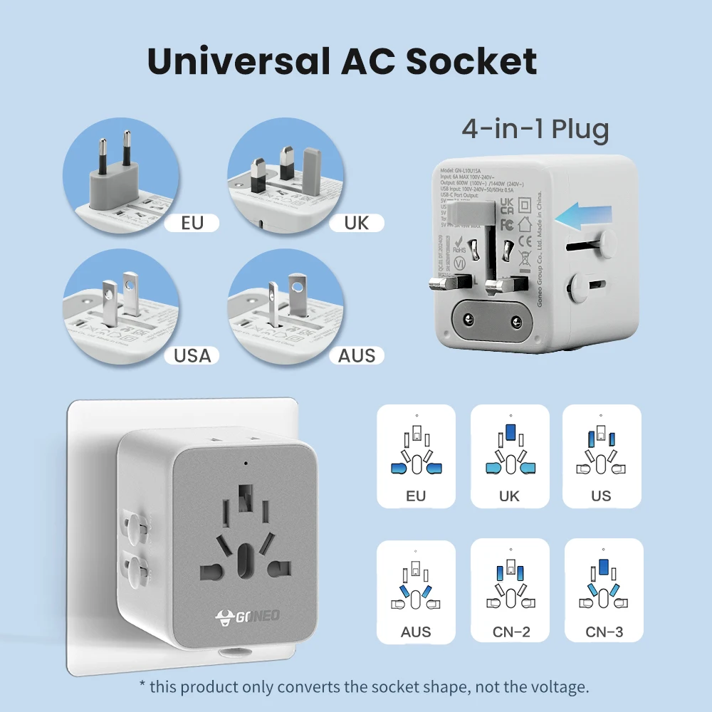 GONEO Auto-Reset Universal Travel Adapter with PD USB-C International Plug Adaptor for EU UK USA Thailand Japan Ireland AUS-4