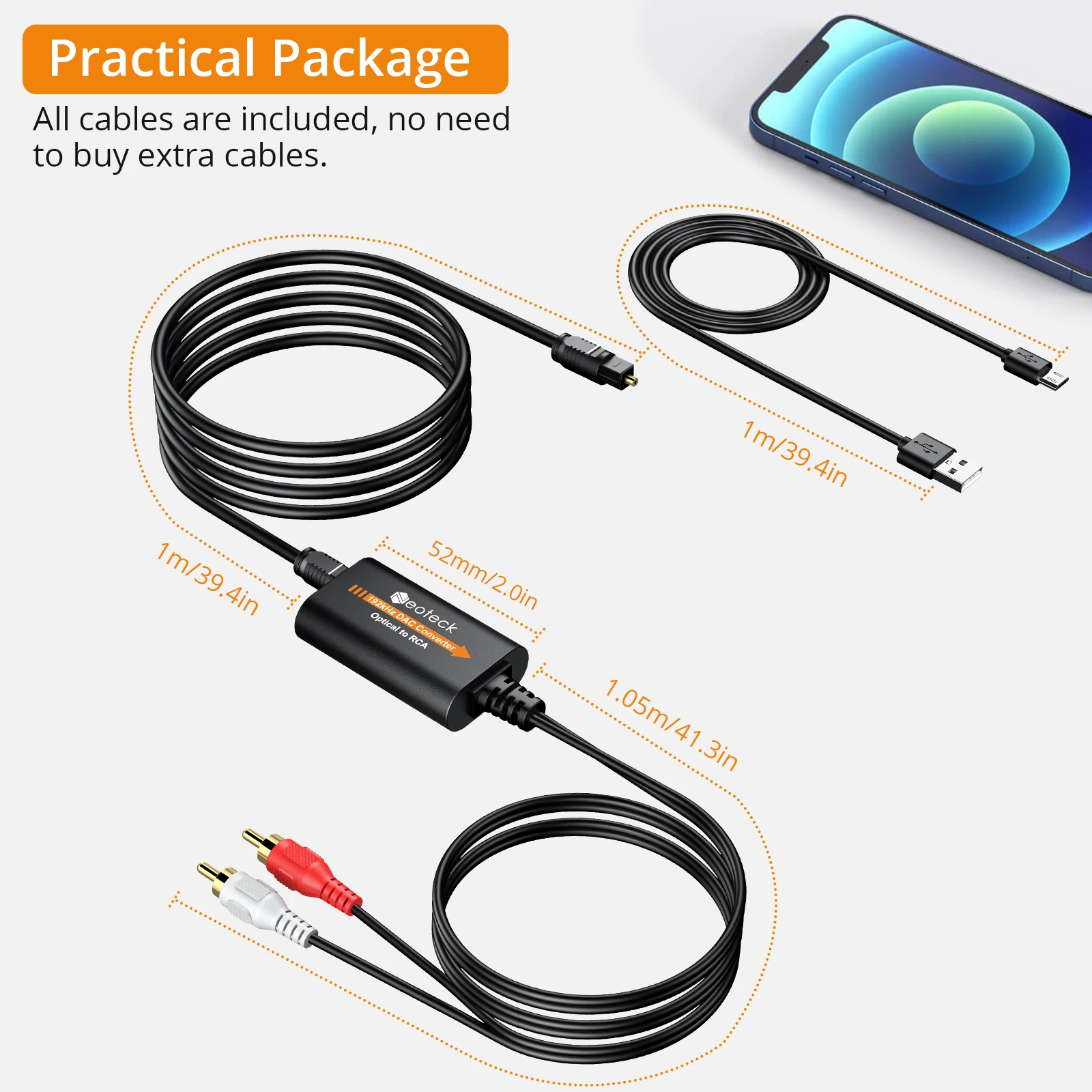 Neoteck 192kHz DAC SPDIF To RCA Digital To Analog Audio Converter Optical Toslink To RCA Audio Adapter Built-in Audio Amp Chip-6