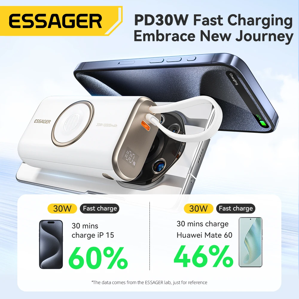 Essager Portable Power Bank 30W 10000mAh With Cable for iPhone 16 15 Xiaomi Wireless Magnetic Charger for Apple Watch Series 9 8-3