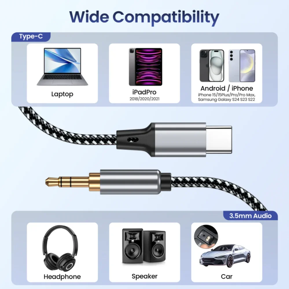 1m 1.5m 2m USB Type C To 3.5Mm Jack AUX Cable DAC USB-C Audio Adapter for Phone Headphones Car HIFI Stereo Sound Audio Connector-3