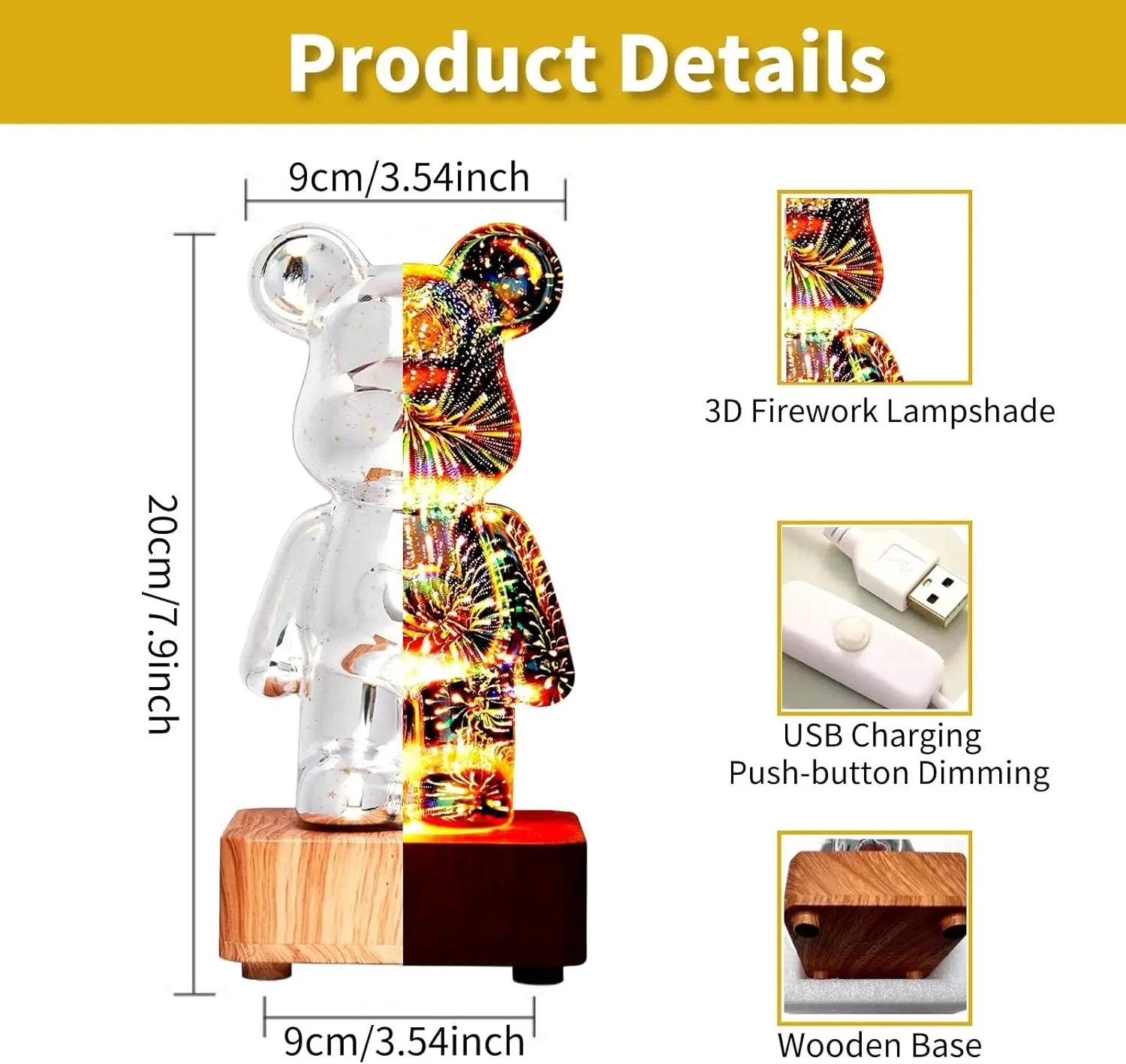 LED 3D Bear Fireworks Night Light USB Room Decoration Ambient Light Suitable for Children Room Bedroom Decoration-3