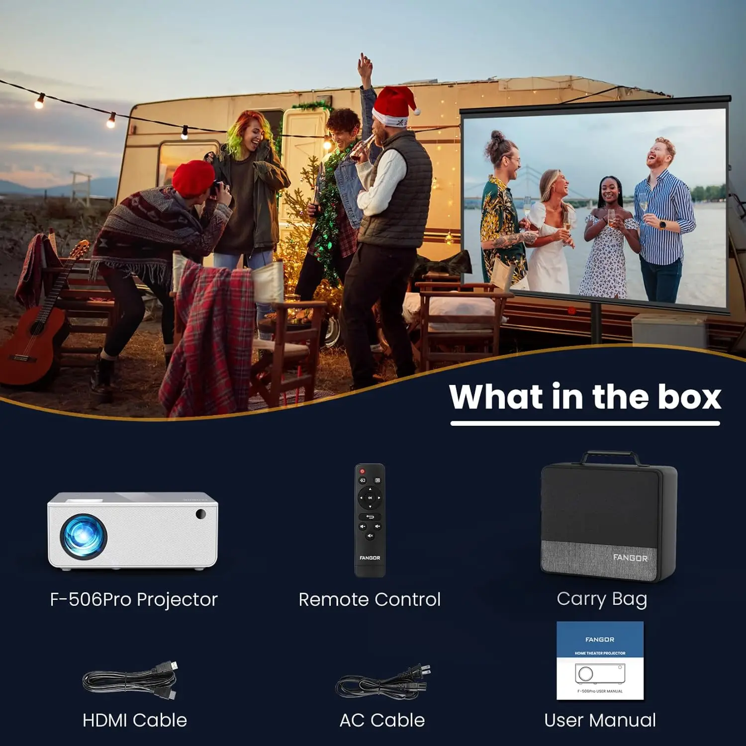 FANGOR Portable Outdoor 1200Ansi 4K Projectors Built-in Power Supply WiFi BT HIFI Theater Beamer Support iOS & Android HDMI USB-6