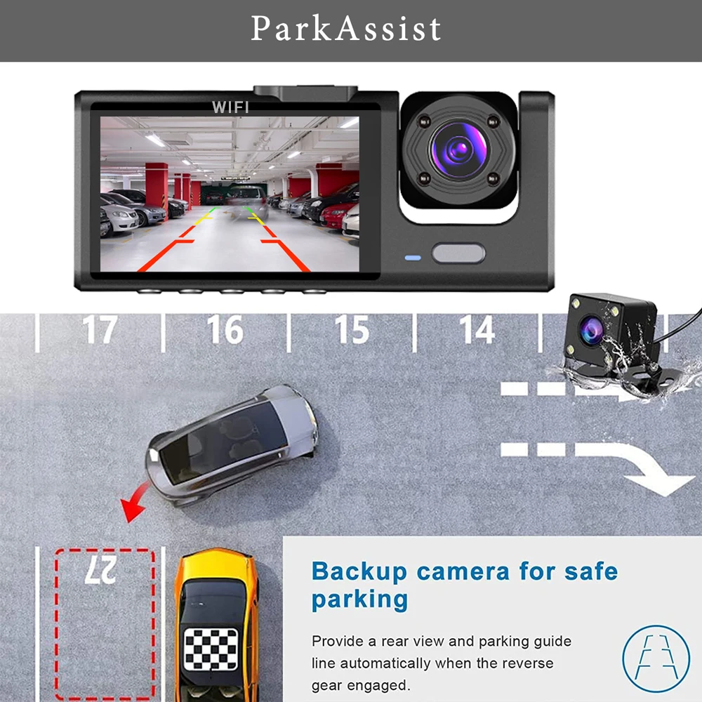 WiFi 3 Channel Mini Car DVR Three Way Dash Cam Inside Vehicle Camera DVRs Recorder FHD 1080P Video Dashcam Camcorder Black Box-5