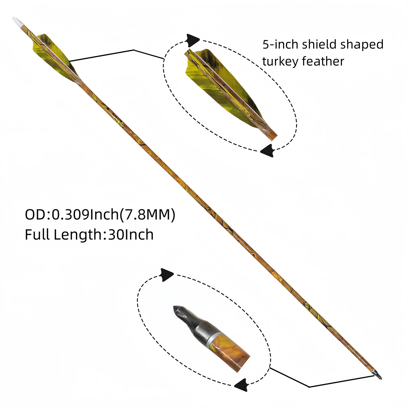 LAIXING 30 Inch Carbon Arrows with 5 Inch Turkey Feathers Fletching & Archery Hunting Practice Targeting,Spine 500 Yellow-2
