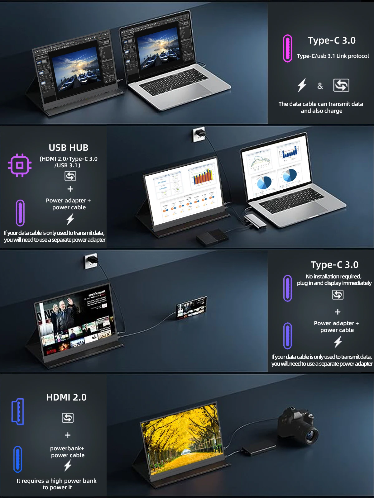 14 Inch 2K Portable Monitor 2160*1440 15: 10 IPS HDMI TYPEC  For Laptop XBox PS4/5 Switch Cell Phone Computer Extension Office-6