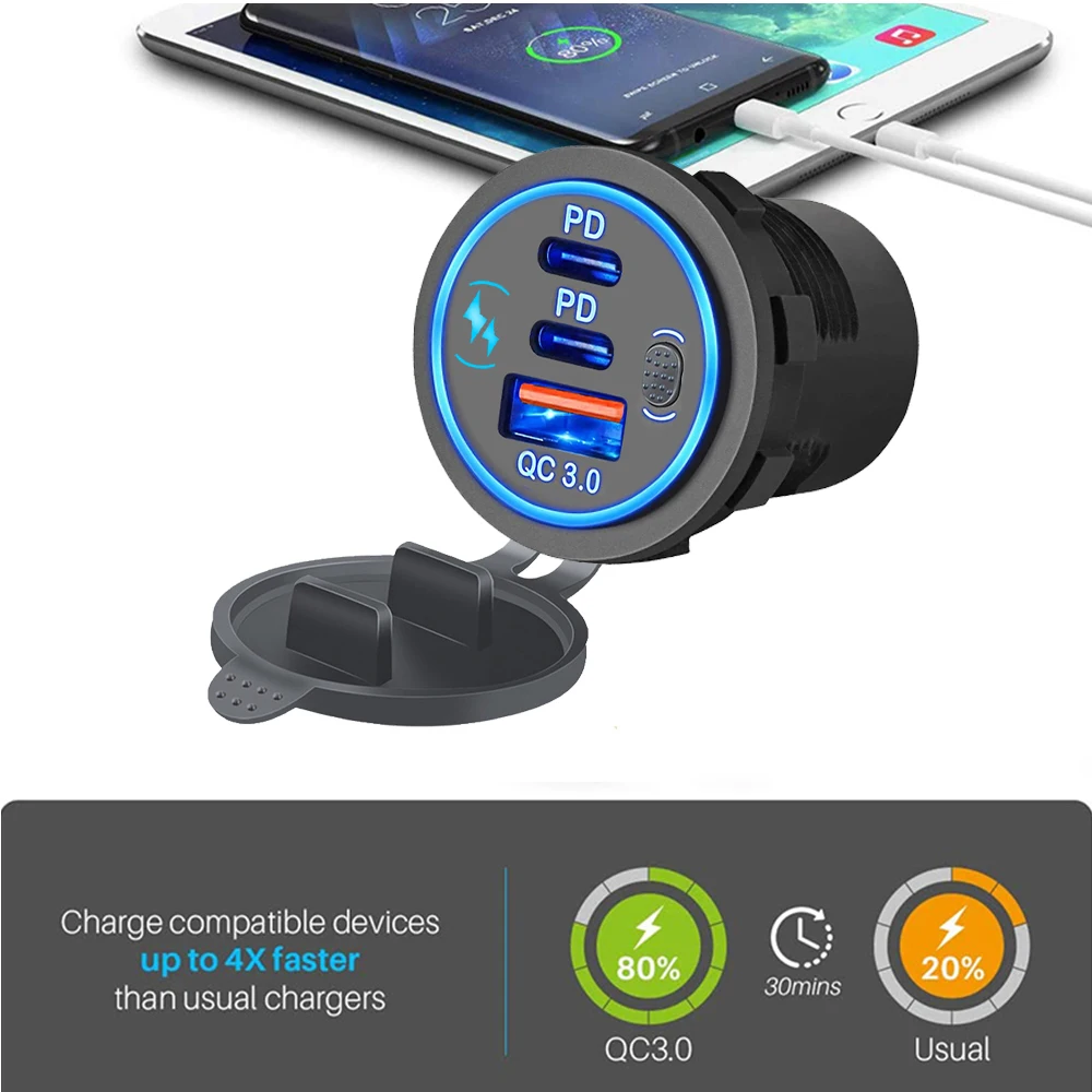 Car Charger Socket PD3.0 & QC3.0 Double USB C Ports Waterproof with LED Touch Switch 78W Fast Charging 12V/24V For Moto Adapter-3