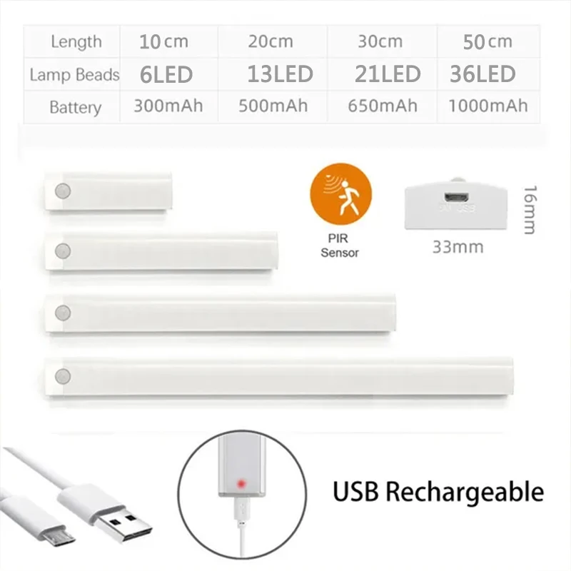 PIR Motion Sensor LED Under Cabinet Lamp Dimmable Rechargeable Night Light Stairs Closet Room Aisle Tube Bar Detector Bulb-4