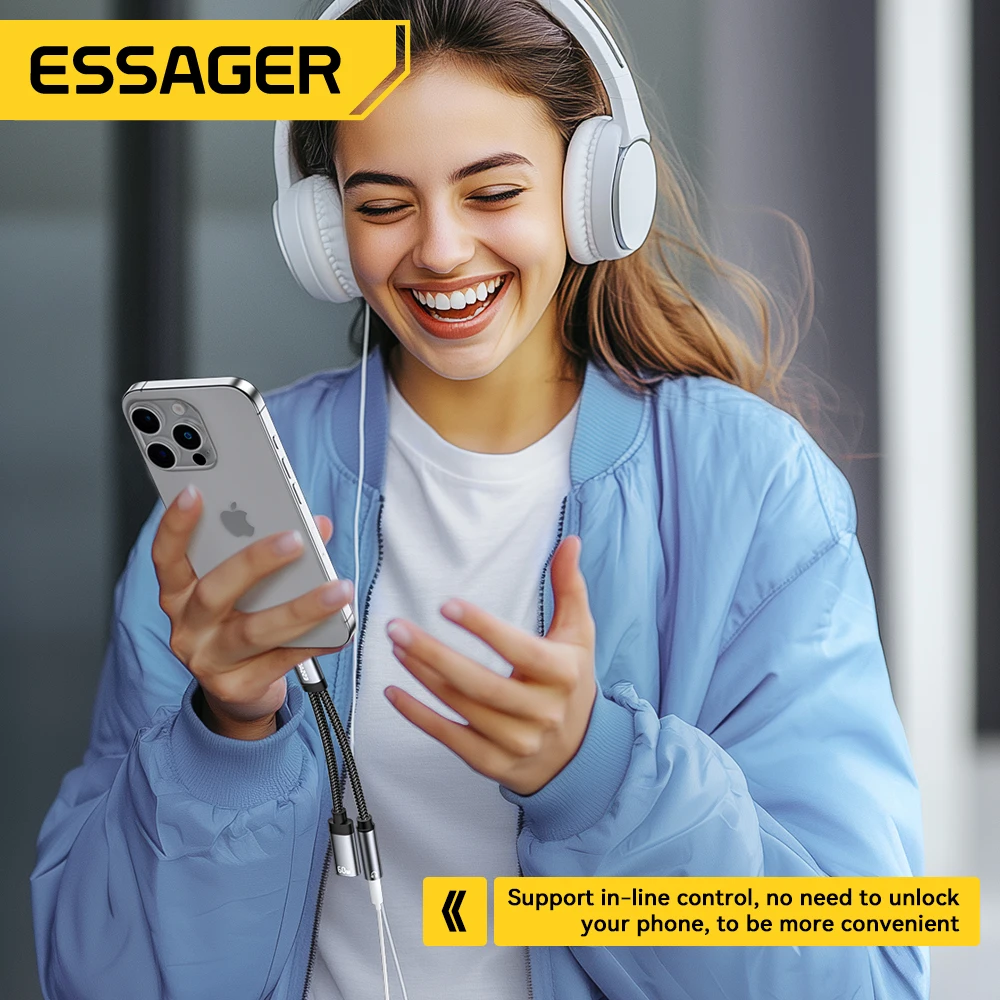 Essager 2 in 1 Type C to 3.5mm AUX Cable Headphone Adapter PD 60W Fast Charging for iPhone 16 15  Samsung Xiaomi 14 13 Tablet PC-4